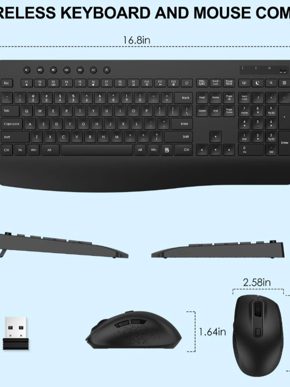 Wireless Keyboard and Mouse Combo, Full-Size Ergonomic Computer Set with Palm
